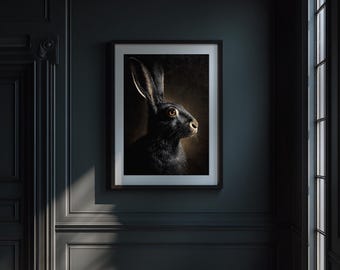 Black Rabbit Wall Art Print, Moody Bunny Illustration, Minimalist Animal Decor,