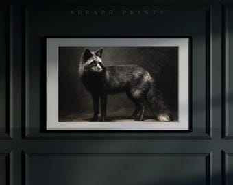 Silver Fox Wall Art Print, Moody Oil Painting Brush Strokes, Woodland Rustic Wildlife