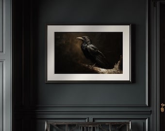 Black Bird Wall Art Print, Moody Illustration, Minimalist Animal Decor, Dark Wildlife Art,