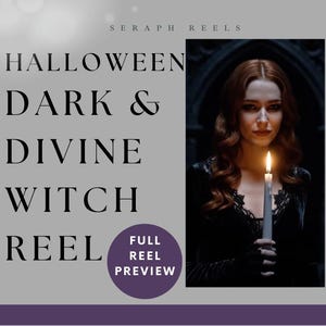 May include: A promotional image for a Halloween-themed reel. The text reads "Halloween Dark & Divine Witch Reel" with a preview button. A woman with red hair holds a lit candle, wearing a dark dress.
