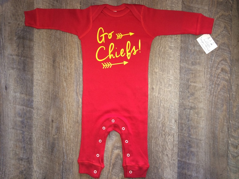 So Cute Baby Long Sleeve One Piece Pajamas KC baby outfit Go Chiefs Infant sleeper KC Baby Outfit Super Bowl image 1