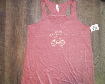 Live the Adventure Biking Tank Top | Flowy flattering fit Ladies Rcerback Tank | Super soft marble Mauve | Vintage Bicycle design