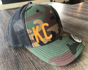 KC Camo Trucker Hat | Camo Trucker Hat | Structured | Slightly Curved Bill | KC Trucker Hat | Kansas City Superbowl Hat |