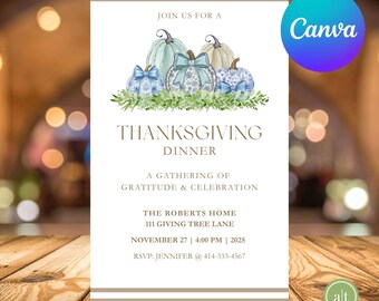 Cena de Acción de Gracias, Invitación para cena de Acción de Gracias con amigos, Cena (Plantilla editable)