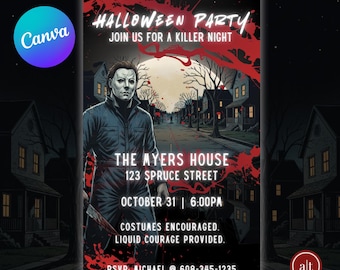 Invitación a la fiesta de Halloween de Killer Night: temática de terror gráfico (descarga digital editable)