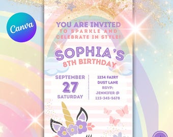 Invitación editable de cumpleaños de princesa unicornio, descarga digital, invitación para fiesta con purpurina