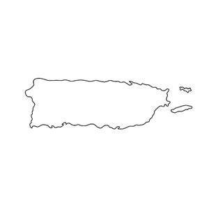 May include: A black outline of the island of Puerto Rico on a white background. The map shows the main island and several smaller islands nearby, with a detailed coastline.