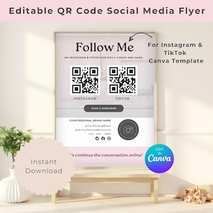 Può includere: Un volantino incorniciato con il testo "Follow Me" e codici QR per Instagram e TikTok. Il volantino include il testo "For Instagram & TikTok Canva Template" e "Instant Download". Il volantino include anche una sezione per un marchio personale.