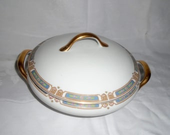 Antique Art Deco NS Nagoya Nippon Porcelain Two Handle Round Lidded Serving Bowl Dish