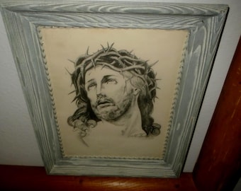 Portrait Art of Jesus w/ Crown of Thorns Religious Signed  in Frame