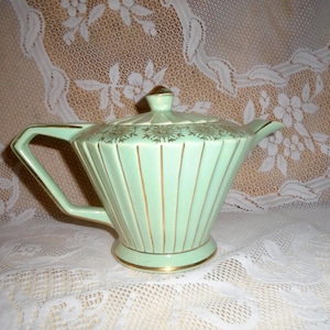 Vintage Sadler Striped Art Deco Turquoise /Goldeapot with Gold Trim Made in England 1920s