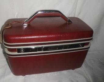 Vintage Samsonite Train Case Burgundy Hard Shell /w Tray Mirror Key