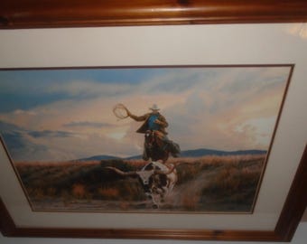 Rare A L Tim Cox Western Cowboy 1998 Lithograph Art Print  24" x 30"  Horse, Cow Roping