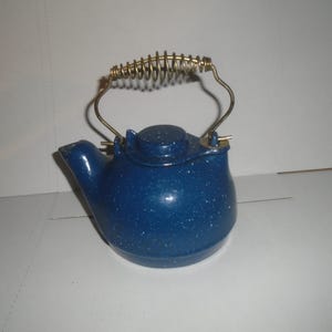 May include: A small, blue speckled enamelware teapot with a gold-colored wire handle. The teapot has a spout and a lid. This camping-style teapot is a classic for outdoor cooking and serving hot beverages.
