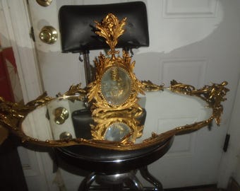 Antique Glass Perfume Bottle W/ MirroedTray Cherub Ormolu Gilded Gold Metal