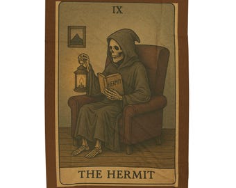 May include: A tarot card illustration featuring a robed skeleton seated in a brown armchair, holding a lantern and a book labeled "HERMIT." The card is framed in brown, with the Roman numeral "IX" at the top and "THE HERMIT" at the bottom. The background is a sepia tone.