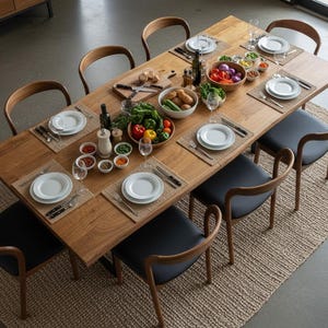 May include: A wooden dining table set for a meal, with white plates, cutlery, and glasses. Bowls of fresh vegetables and condiments are arranged on the table. The table is surrounded by wooden chairs with black seats, set on a woven rug.