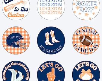 May include: Nine circular designs with a navy blue, orange, and white color scheme. The designs include text such as "Cheers to the Custom", "Go Custom", and "Game Day", along with football-themed graphics like a helmet, boots, and a football.