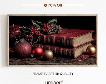 Dark Academia Library Wall Art for Book Lovers, Vintage Book Stack Winter Reading Nook, Samsung Frame TV Art Digital Download