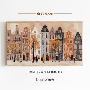 Pode incluir: Uma obra de arte emoldurada que retrata uma paisagem urbana europeia com edifícios coloridos, árvores e figuras. A pintura tem uma paleta de cores quentes com tons de laranja, castanho e azul. O texto na obra de arte diz "FRAME TV ART 4K QUALITY" e "Lumiaeré".