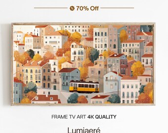 Frame TV Lisbon Townhouse Natale / Scena invernale del tram giallo Download digitale / Stampa artistica europea