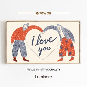 Puede incluir: Impresión artística enmarcada con dos figuras apoyadas en un corazón con las palabras "i love you". Las figuras visten ropa estampada en rojo, azul y blanco. También está presente el texto "FRAME TV ART 4K QUALITY" y "Lumiaeré".