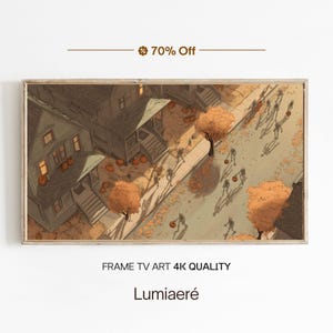 May include: Framed art print depicting a Halloween scene. The artwork shows a street with houses, trees, and skeletons playing basketball. The print has a warm color palette with orange and brown tones. Text on the print reads "FRAME TV ART 4K QUALITY" and "Lumiaeré".