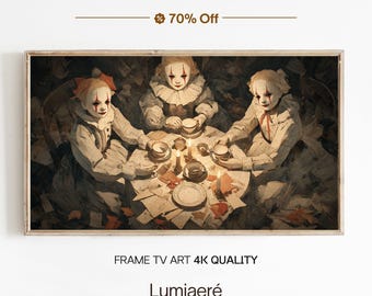 Halloween Creepy Doll Frame TV Art, Haunted Clown Tea Party Horror Oil Painting, Gothic Spooky Wall Decor, Samsung Frame TV Download