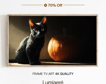 Halloween Black Cat Frame TV Art, Moody Glowing Pumpkin Oil Painting, Spooky Fall Wall Decor, Samsung Frame TV Digital Download