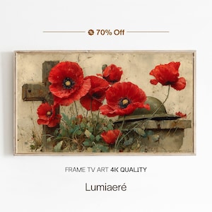 Può includere: Una stampa incorniciata con papaveri rossi vibranti con centri scuri, che crescono vicino a una croce consumata e un elmetto militare. L'opera d'arte ha un'estetica vintage, con il testo "FRAME TV ART 4K QUALITY" e "Lumiaeré".