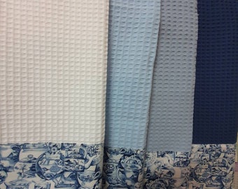 Paños de cocina de tela gofrada blanca y azul con borde de tela y encaje Envío gratuito