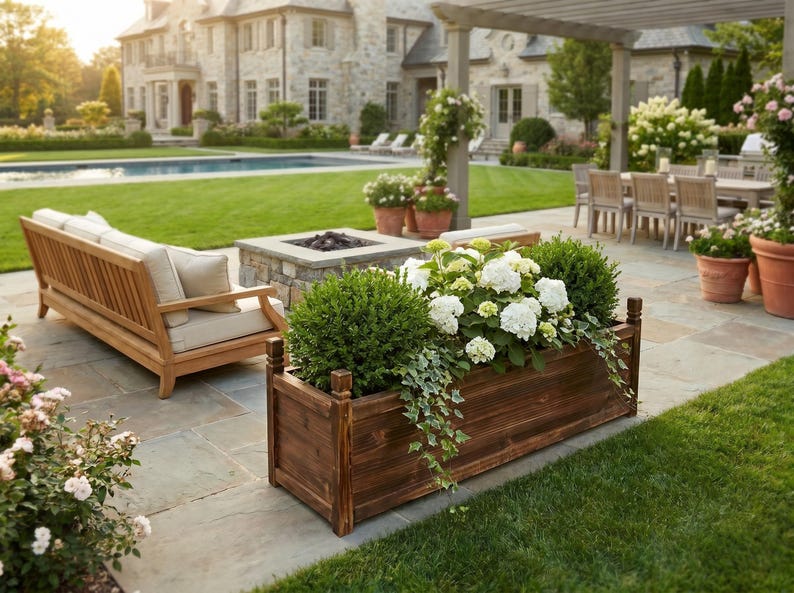 Wood planter box near garden fence with plants growing