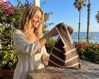 Handmade Japanese Knitted Wrist Bag, Portable Mini Striped Summer Tote