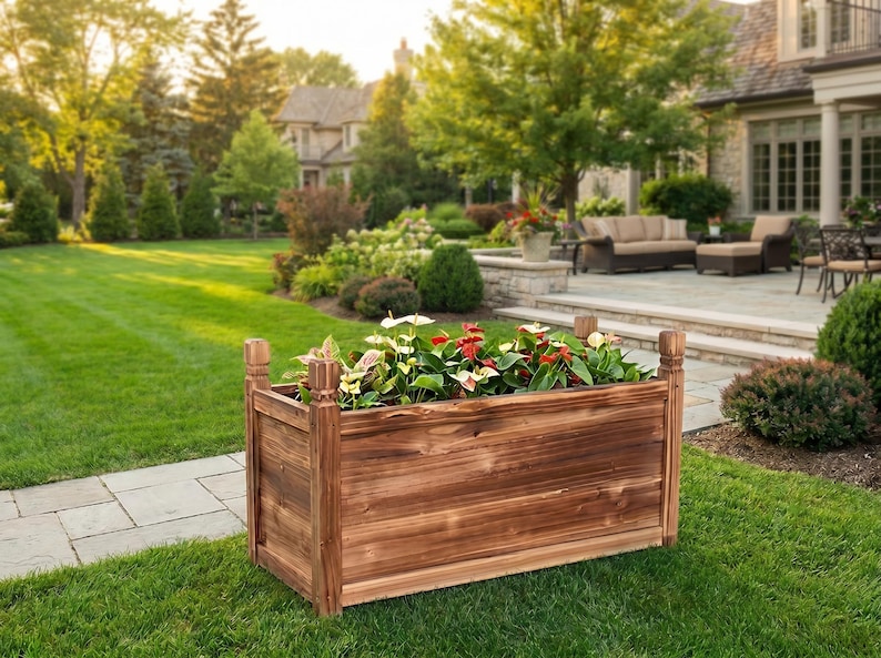 Garden wood planter box for home vegetable gardening