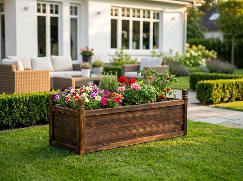 Outdoor wooden planter box on patio ready for vegetable planting