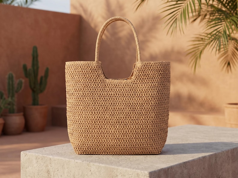 May include: A woven straw tote bag with a rectangular shape and a handle. The bag is a light brown color and has a textured appearance. The background features a neutral-toned wall and potted plants, suggesting a natural theme.