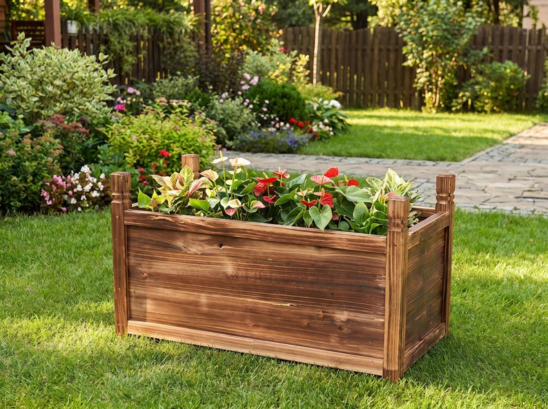 Outdoor planter bed for herbs and greens in backyard