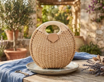 Round Rattan Handwoven Handbag, Top Handle Summer Beach Tote Purse