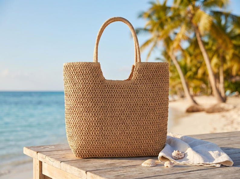May include: A woven straw tote bag with a rectangular shape and two handles. The bag is light brown and sits on a wooden surface with a white cloth and seashells. The background features a beach and palm trees.