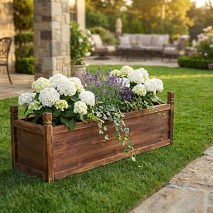 Solid wood planter box used for flower planting