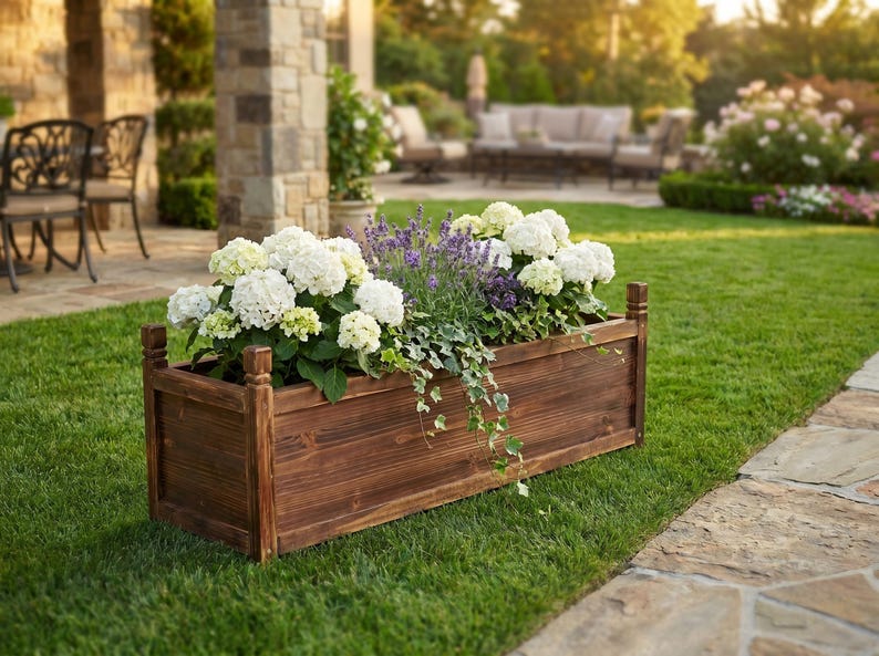 Solid wood planter box used for flower planting