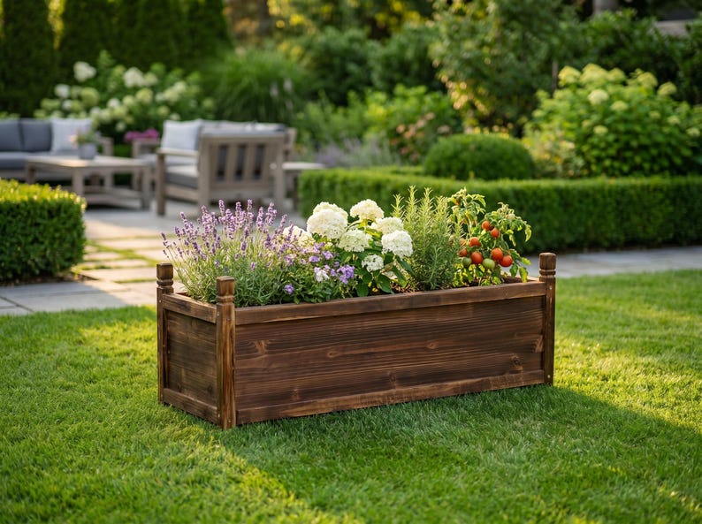 Outdoor garden bed made of solid wood for vegetables