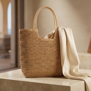 May include: A woven straw tote bag with a cream-colored scarf draped over the side. The bag has two handles and is sitting on a stone surface. Three books are visible in the background.