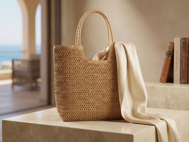 May include: A woven straw tote bag with a cream-colored scarf draped over the side. The bag has two handles and is sitting on a stone surface. Three books are visible in the background.