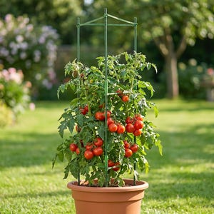 May include: A tomato plant with numerous small red tomatoes growing inside a dark green square metal plant support cage. The plant is potted in a round terracotta-colored plastic container, providing structure for the stems and foliage.