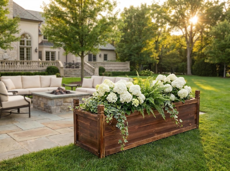 Pine raised planter for patio gardening setup