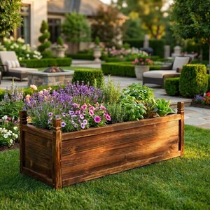 Raised wood planter box for flowers placed in backyard garden