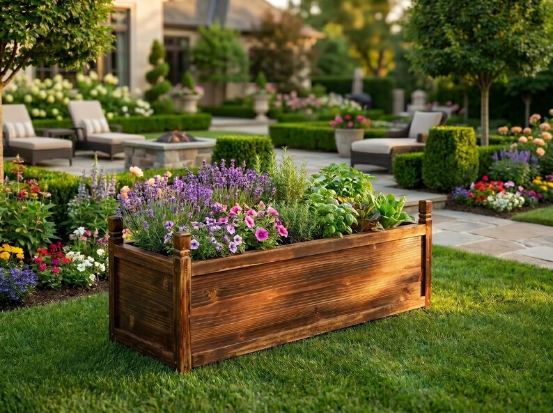 Raised wood planter box for flowers placed in backyard garden