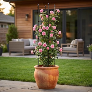 May include: A terracotta pot containing a climbing rose plant. The rose has numerous pink flowers and is supported by a black metal trellis. The pot sits on a stone patio, with a green lawn and outdoor seating in the background.
