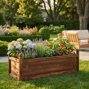 Rectangular pine planter box on lawn with fresh soil